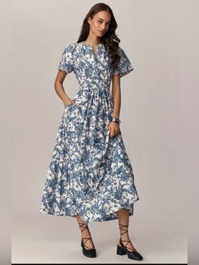 NWOT Anthropologie Somerset Maxi in Ivory Blue Floral Tiered Cotton Dress XSP